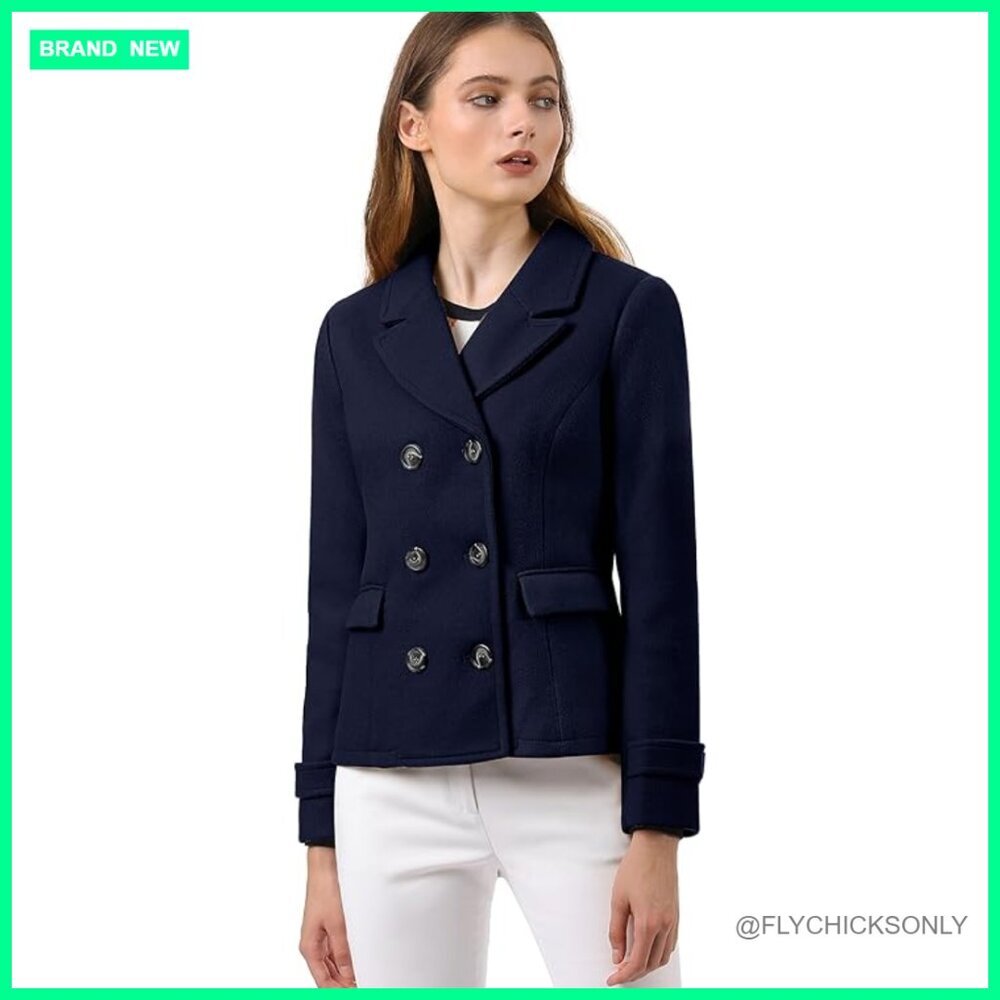 Notched Lapel Double Breasted Pea Coat, Polyester, Fully Lined
